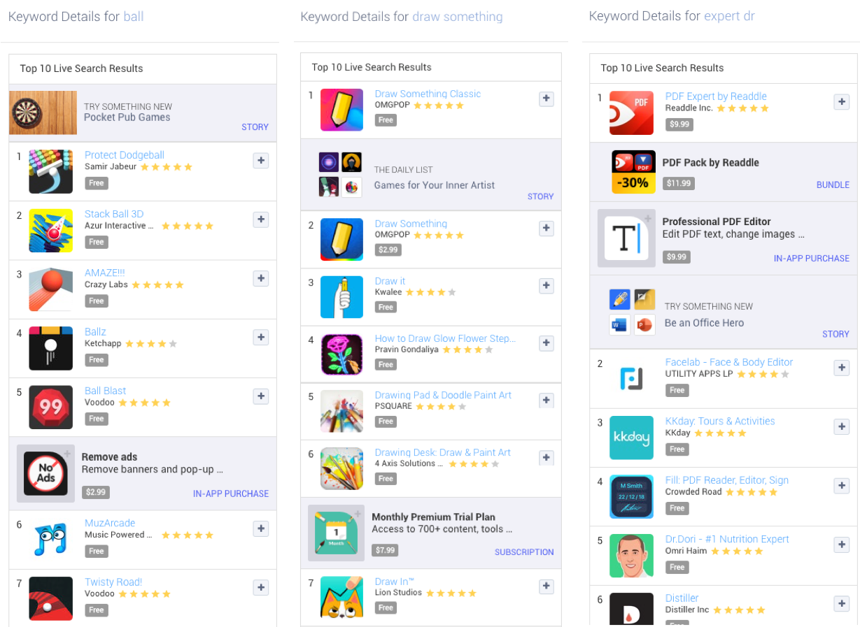 Examples of Keyword Live Search Results on the Apple App Store